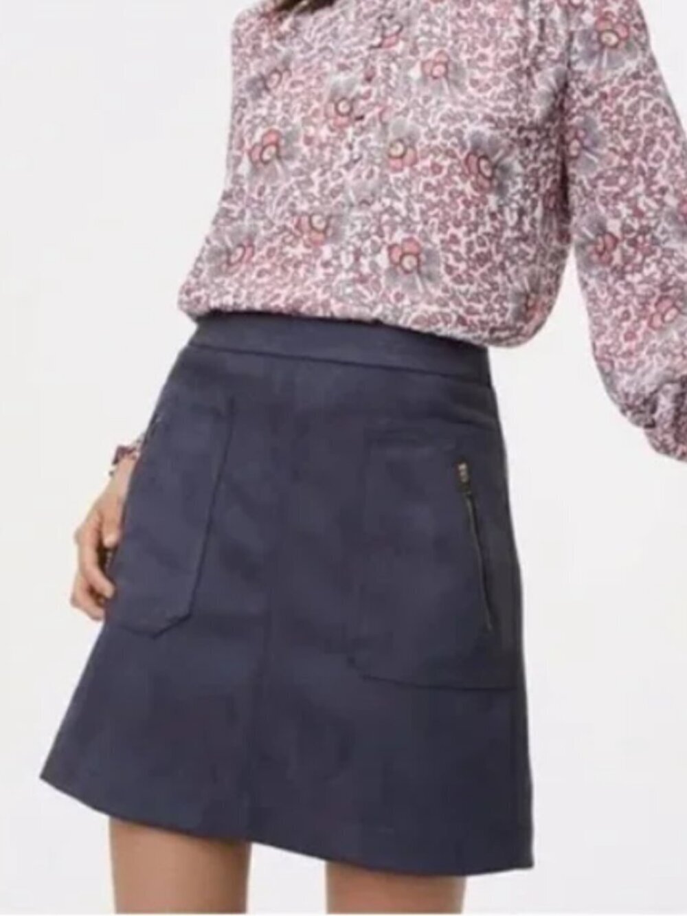 Loft Faux Suede A-Line Mini Skirt Pockets Coastal Blue Gray Women's 6 EUC Lined